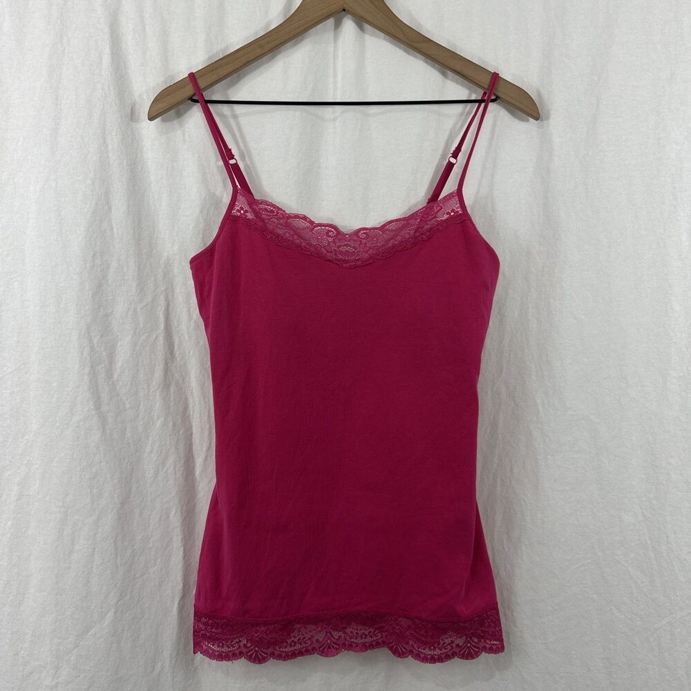 Express Y2K Sexy Stretch Hot Pink Lace Trim Cami Tank Womens Sz M Festival